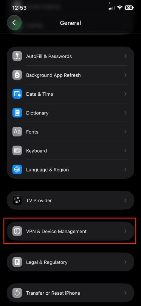 iPhone Settings General with VPN & Device Management highlighted