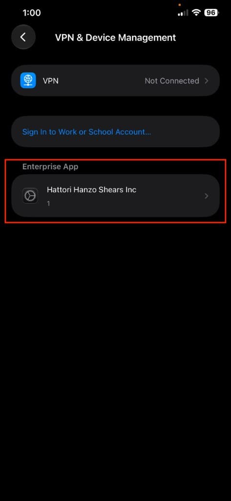 Enterprise App listing Hattori Hanzo Shears Inc